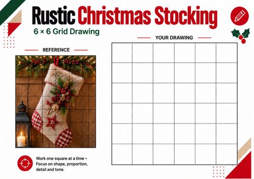 Rustic Christmas Stocking Grid Drawing Worksheet | Christmas Art Activity
