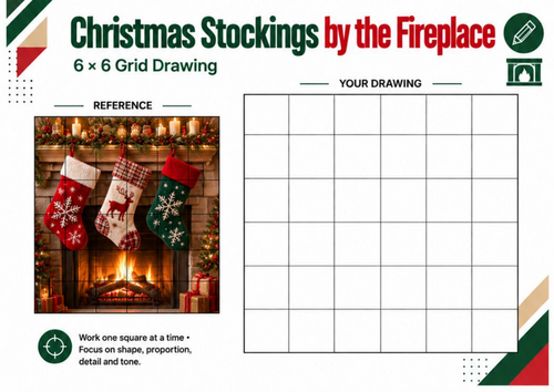 Christmas Stockings by the Fireplace Grid Drawing Worksheet | KS3 KS4 Art