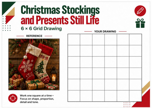 Christmas Stockings and Presents Still Life Grid Drawing Worksheet | Art