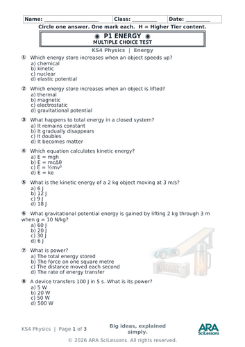 AQA GCSE Physics P1 Energy Quick Test with Answers