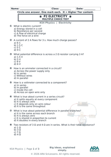 GCSE Physics P2 Electricity Quick Test with Answers