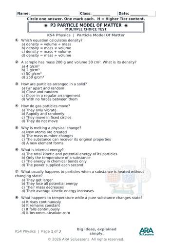 CSE Physics P3 Particle Model of Matter Quick Test with Answers