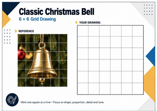 Classic Christmas Bell Grid Drawing Worksheet | Festive Art Activity | KS3 KS4