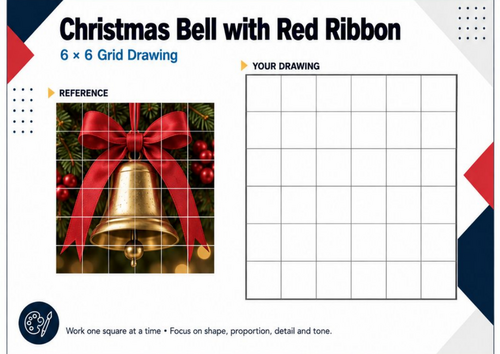 Christmas Bell with Red Ribbon Grid Drawing Worksheet | KS3 KS4 Art