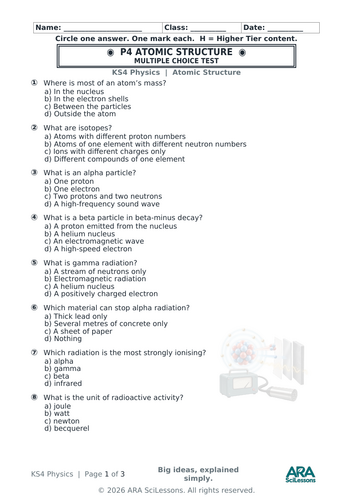 AQA GCSE Physics P4 Atomic Structure Quick Test with Answers
