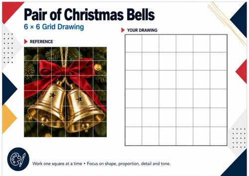 Pair of Christmas Bells Grid Drawing Worksheet | Festive Art Activity