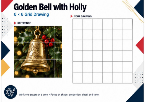 Golden Christmas Bell with Holly Grid Drawing Worksheet | KS3 KS4 Art