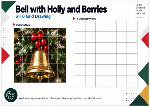 Christmas Bell with Holly & Berries Grid Drawing Worksheet | Festive Art