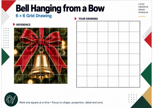 Christmas Bell Hanging from a Bow Grid Drawing Worksheet | KS3 KS4