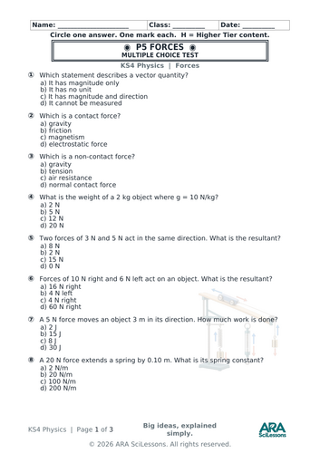 GCSE Physics P5 Forces Quick Test with Answers