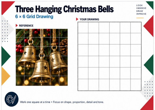 Three Hanging Christmas Bells Grid Drawing Worksheet | Festive Art