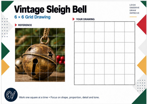 Vintage Sleigh Bell Grid Drawing Worksheet | Christmas Art Activity | KS3 KS4