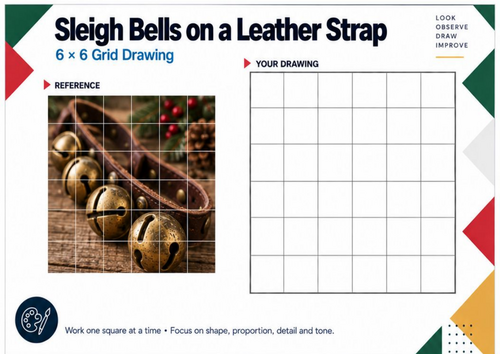 Sleigh Bells on Leather Strap Grid Drawing Worksheet | Christmas Art