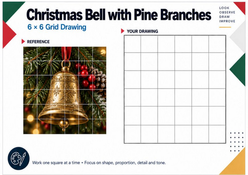Christmas Bell with Pine Branches Grid Drawing Worksheet | KS3 KS4 Art