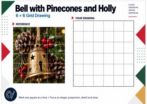 Christmas Bell with Pinecones & Holly Grid Drawing Worksheet | KS3 KS4