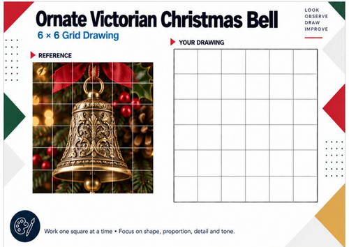 Ornate Victorian Christmas Bell Grid Drawing Worksheet | Festive Art