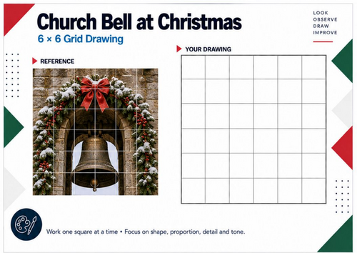 Church Bell at Christmas Grid Drawing Worksheet | KS3 KS4 Festive Art