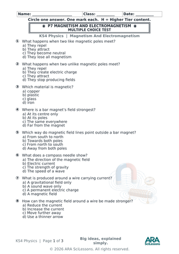 AQA GCSE Physics P7 Magnetism and Electromagnetism Quick Test with Answers
