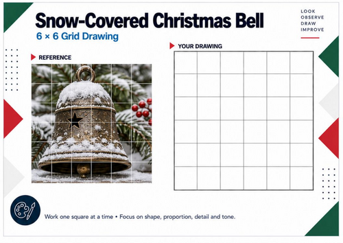 Snow-Covered Christmas Bell Grid Drawing Worksheet | Winter Art Activity