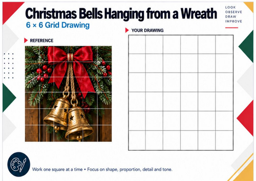 Christmas Bells Hanging from a Wreath Grid Drawing Worksheet | KS3 KS4