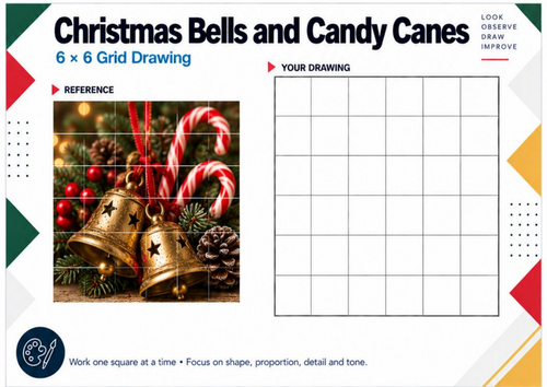 Christmas Bells & Candy Canes Grid Drawing Worksheet | Festive Art Activity