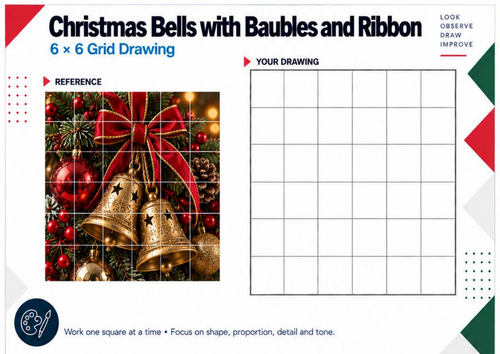 Christmas Bells with Baubles & Ribbon Grid Drawing Worksheet | KS3 KS4