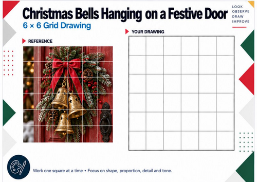 Christmas Bells on a Festive Door Grid Drawing Worksheet | Christmas Art