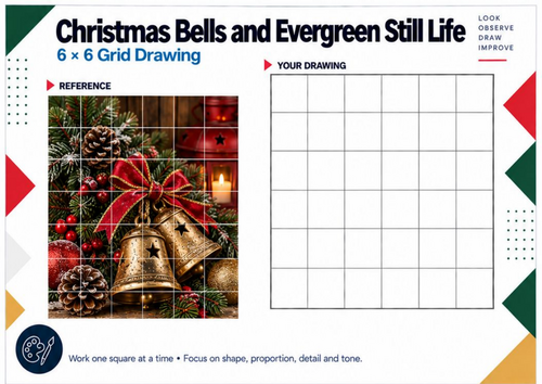 Christmas Bells & Evergreen Still Life Grid Drawing Worksheet | KS3 KS4