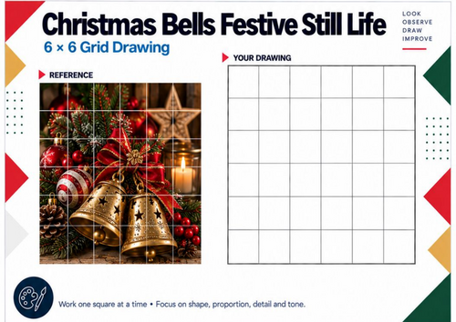 Christmas Bells Festive Still Life Grid Drawing Worksheet | KS3 KS4 Art