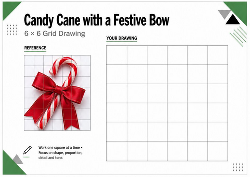 Candy Cane & Bow Grid Drawing Worksheet | Christmas Art Activity | KS3 KS4