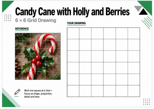 Candy Cane Holly & Berries Grid Drawing Worksheet | Christmas Art | KS3 KS4