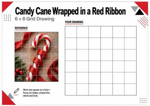 Candy Cane & Ribbon Grid Drawing Worksheet | Christmas Art Activity | KS3 KS4