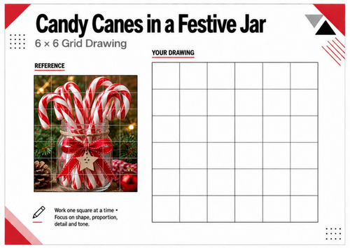 Candy Cane Jar Grid Drawing Worksheet | Christmas Still Life Art | KS3 KS4