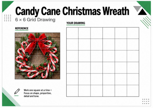 Candy Cane Christmas Wreath Grid Drawing Worksheet | KS3 KS4 Art