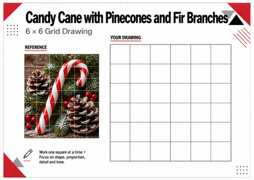 Candy Cane & Pinecones Grid Drawing Worksheet | Christmas Art | KS3 KS4