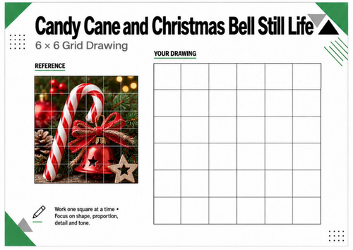 Candy Cane & Christmas Bell Grid Drawing Worksheet | Festive Art | KS3 KS4
