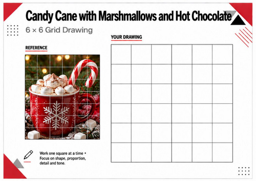 Christmas Hot Chocolate & Candy Cane Grid Drawing Worksheet | KS3 KS4 Art
