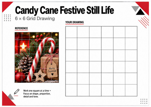 Candy Cane Christmas Still Life Grid Drawing Worksheet | KS3 KS4 Art