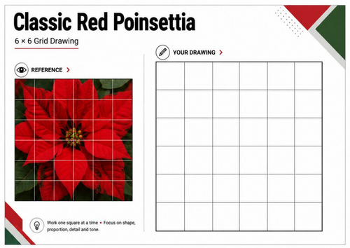 Red Poinsettia Grid Drawing Worksheet | Christmas Flower Art | KS3 KS4