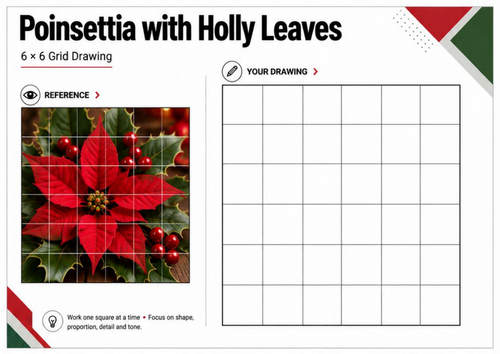 Poinsettia & Holly Grid Drawing Worksheet | Christmas Art Activity | KS3 KS4