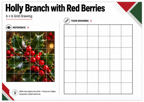Holly & Red Berries Grid Drawing Worksheet | Christmas Art | KS3 KS4