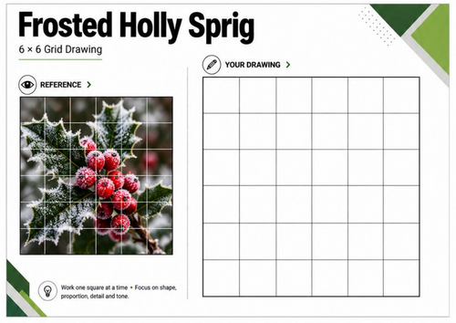 Frosted Holly Grid Drawing Worksheet | Winter Christmas Art Activity | KS3 KS4