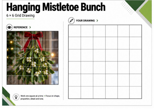 Hanging Mistletoe Grid Drawing Worksheet | Festive Art Activity | KS3 KS4