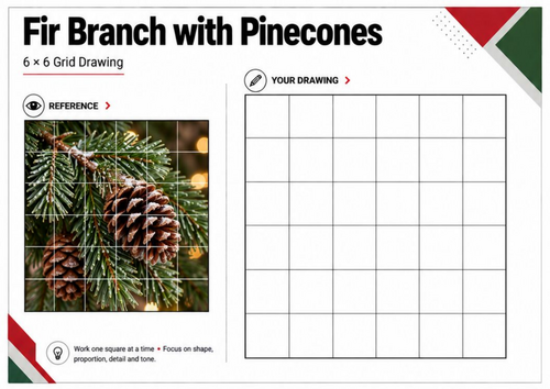Fir Branch & Pinecones Grid Drawing Worksheet | Christmas Nature Art | KS3 KS4