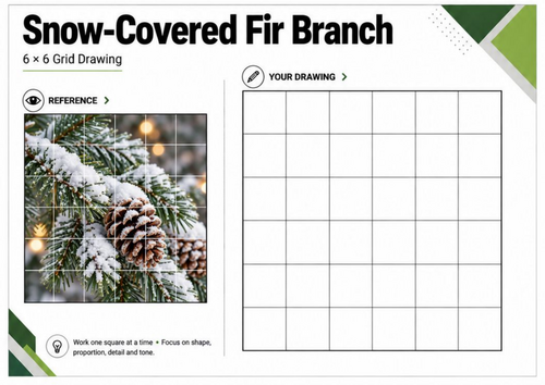 Snowy Fir Branch Grid Drawing Worksheet | Winter Christmas Art | KS3 KS4