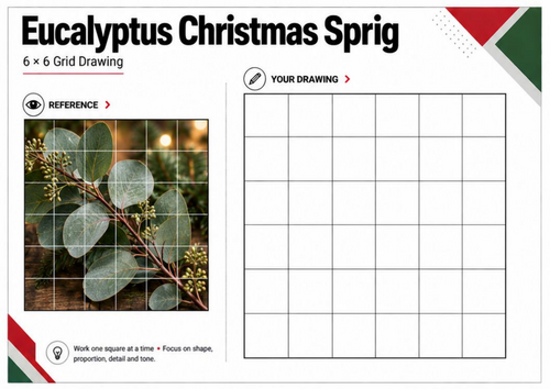 Eucalyptus Grid Drawing Worksheet | Christmas Greenery Art | KS3 KS4