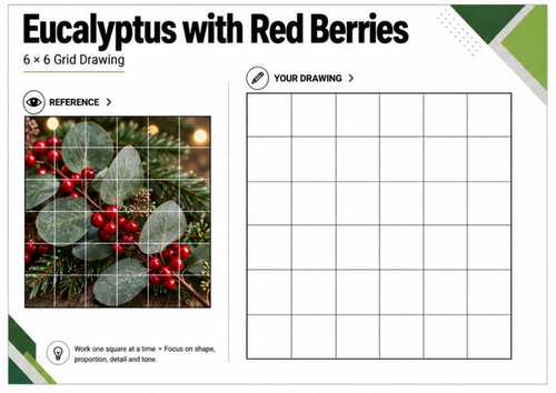 Eucalyptus & Red Berries Grid Drawing Worksheet | Christmas Art | KS3 KS4