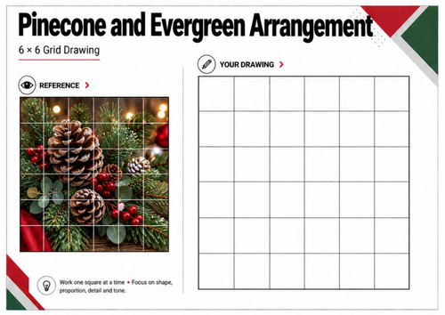 Pinecone & Evergreen Grid Drawing Worksheet | Festive Nature Art | KS3 KS4