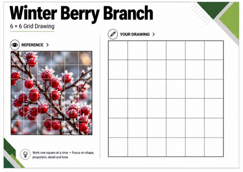 Winter Red Berries Grid Drawing Worksheet | Christmas Nature Art | KS3 KS4