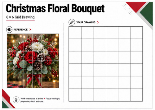 Christmas Floral Bouquet Grid Drawing Worksheet | Festive Flowers Art | KS3 KS4